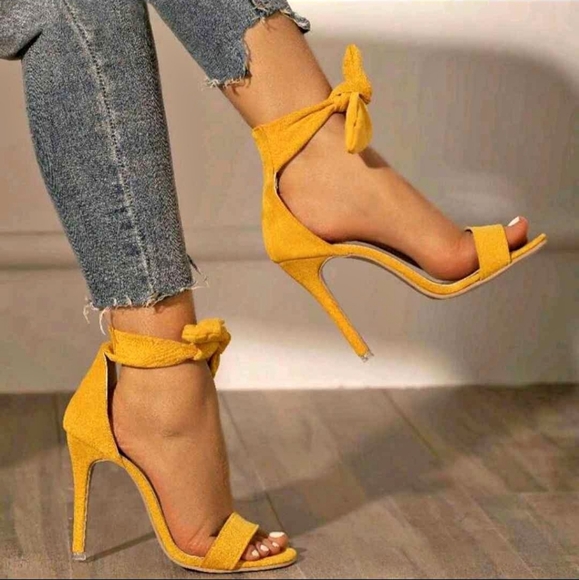 boutique Shoes - DaVanck Women's High Thin Heel Ankle Big Bowknot Sandals Yellow Size 40 = USA 9